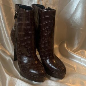 Guess Dark Brown Croc-Embossed Heeled Boots